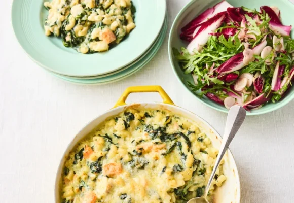 Jamie Oliver’s recipes for fish pie pasta bake and tomato and feta lentils